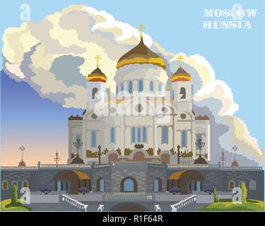 Cityscape of Cathedral of Christ the Saviour (Moscow, Russia) colorful isolated vector illustration. Stock Vector