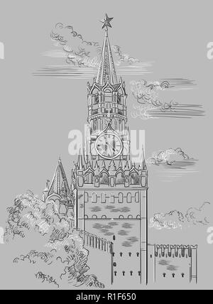 Cityscape of Kremlin Spasskaya tower (Red Square, Moscow, Russia) isolated vector hand drawing illustration in black and white colors on grey backgrou Stock Vector
