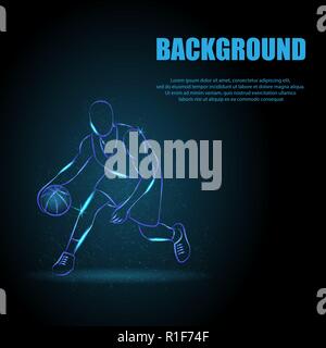 Dark background with blue outline basketball player and shining dots Stock Vector