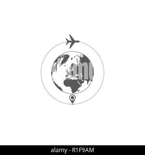 Gray world map and airplane silhouettes isolated on white background Stock Vector