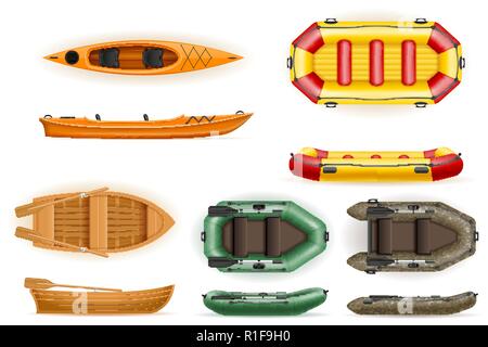 set rowing boats made of plastic wooden and inflatable vector illustration isolated on white background Stock Vector
