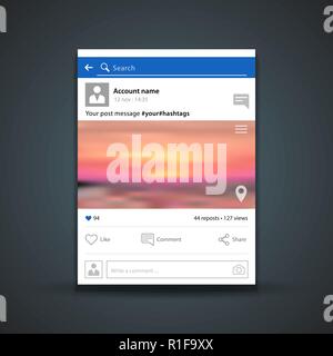 vector web content social networks post message frame template with account icon, like, search, share, photo, comment, settings menu, geolocation real Stock Vector