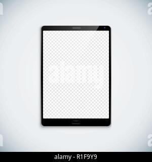 vector blank screen with transparent wallpaper black modern tablet with webcam and glossy menu button realistic front view mock up illustration with s Stock Vector