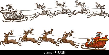 Santa Claus is riding in a sleigh. Christmas, celebration concept. Sketch vintage vector illustration Stock Vector
