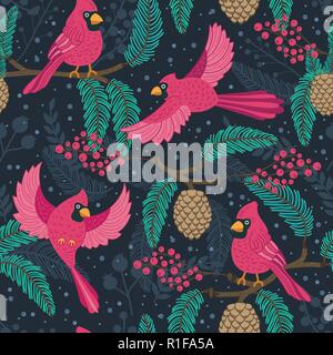 Whimsical repeating pattern. Christmas and winter theme. Red Cardinal birds, pinecones, berries and branches. Stock Vector