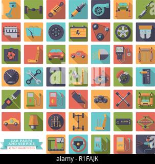 Collection of flat design long shadow car parts, service and repair icons. Square automotive vector symbols set. Stock Vector