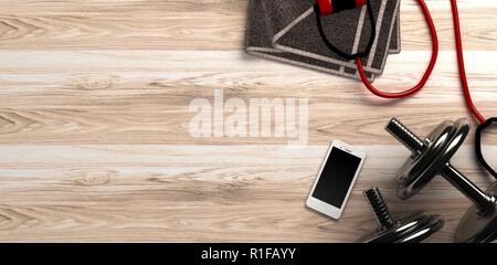 Fitness background with dumbbells and smartphone. View from above, 3D rendering Stock Photo