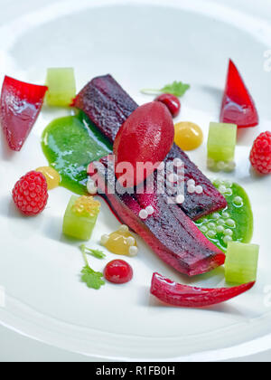 Molecular salmon strips with raspberry icecream and green mint sauce Stock Photo