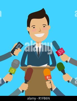 Press Conference. Public speaker, interview with journalists. Cartoon vector illustration Stock Vector