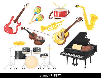 Music instruments for performance: piano, violin, drum. Cartoon style, vector illustration isolated on white background. Stock Vector