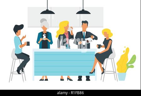 Coffee break concept with business people in office kitchen talk and holding cups. Modern social networking concept. Minimalism design with people sil Stock Vector