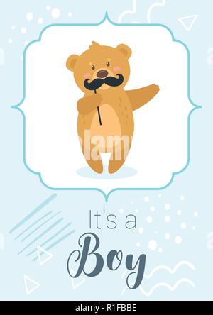 Baby shower print template with cute teddy bear holding mustache photo prop. Vertical composition, vector illustration. Nursery design.  Boy blue colo Stock Vector