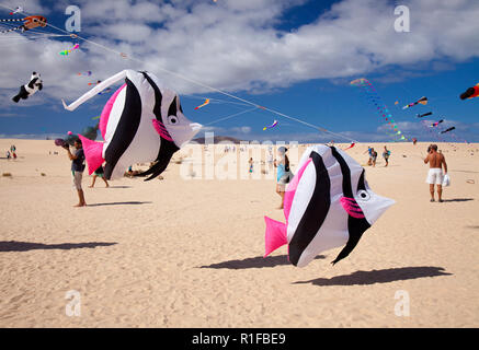 FUERTEVENTURA, SPAIN - NOVEMBER 10: Visitors enjoy beautiful display of flying kites of  at 31th International Kite Festival, November 10, 2018 in Nat Stock Photo