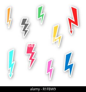 Set sticker lightning isolated on white background, vector illustration. Stock Vector