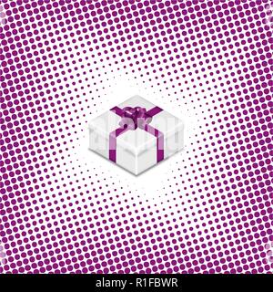 Gift box with ribbon and bow on halftone background, vector illustration. Stock Vector