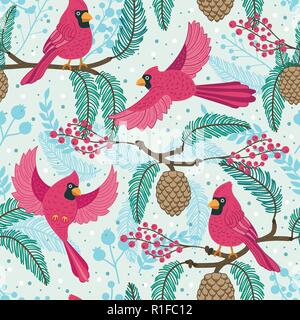 Whimsical repeating pattern. Christmas and winter theme. Red Cardinal birds, pinecones, berries and branches. Stock Vector