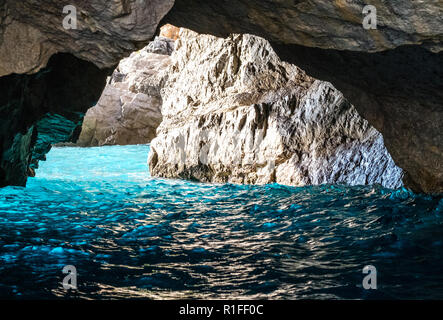 The Green Grotto (also known as The Emerald Grotto), Grotta Verde, on the coast of the island of Capri in the Bay of Naples, Italy. Stock Photo