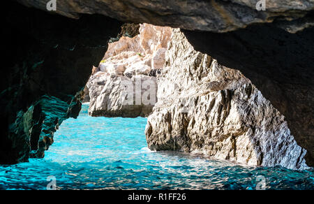 The Green Grotto (also known as The Emerald Grotto), Grotta Verde, on the coast of the island of Capri in the Bay of Naples, Italy. Stock Photo