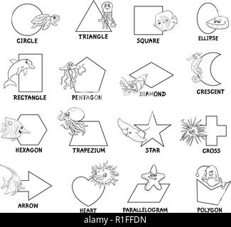 Educational Cartoon Illustration of Basic Geometric Shapes with Captions and Marine Animal Characters for Children Stock Vector