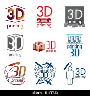 vector set logos 3D printing and 3D pens Stock Vector