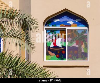 Muscat, Oman. 23rd Nov, 2012. Sailboat and flower field - far away from the sea, in the middle of a dry plateau in the Hajar mountains, Omanis have painted their windows with unusual motifs. | usage worldwide Credit: dpa/Alamy Live News Stock Photo