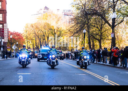 Boston, Massachusetts, USA. 11th November, 2018. Boston Police at the start of the Boston Veterans' Day Parade down Boylston Street. Maia Kennedy/Alamy Live News Stock Photo