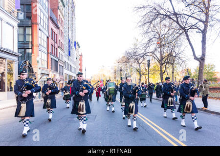 Boston, Massachusetts, USA. 11th November, 2018. Boston Police Gaelic Column of Pipes and Drums leading the Boston Veterans' Day Parade down Boylston Street. Maia Kennedy/Alamy Live News Stock Photo