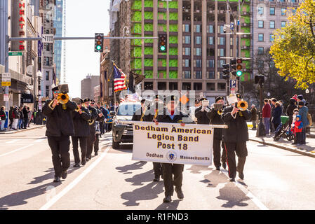 Boston, Massachusetts, USA. 11th November, 2018. Dedham American Legion Band, Post 18, walking in the 2018 Boston Veterans' Day Parade. Maia Kennedy/Alamy Live News Stock Photo