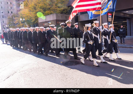 Boston, Massachusetts, USA. 11th November, 2018. Soldiers from the USS Constitution, the oldest commissioned warship,  walking in the 2018 Boston Veterans' Day Parade. Maia Kennedy/Alamy Live News Stock Photo