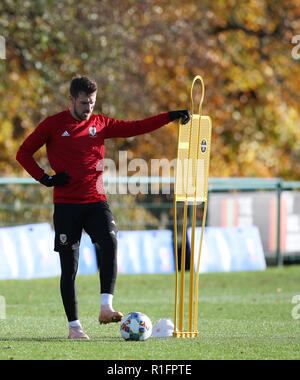 Cardiff, Wales, UK. 12th November, 2018. Aaron Ramsey of Wales in action during the Wales football squad training at the Vale Resort in Hensol, near Cardiff , South Wales on Monday 12th November 2018.  the team are preparing for their UEFA Nations League match against Denmark this Friday.   pic by Andrew Orchard/Alamy Live News Stock Photo
