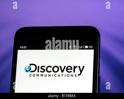 Kiev, Ukraine. 25th Oct, 2018. Discovery, Inc. Mass media company logo seen displayed on smart phone. Discovery, Inc. is an American mass media company primarily operates factual television networks, such as its namesake Discovery Channel, Animal Planet, Investigation Discovery, Science Channel, TLC, and other spin-off brands. Credit: Igor Golovniov/SOPA Images/ZUMA Wire/Alamy Live News Stock Photo