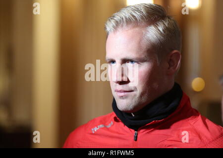 Newport, Wales, UK. 12th November, 2018. Kasper Peter Schmeichel is a Danish professional footballer who plays as a goalkeeper for Premier League club Leicester City and the Denmark national team. Pre-match interview at the Celtic Manor Resort near Newport ahead of Nations League match Wales v Denmark at the Cardiff City Stadium. Credit: www.garethjohn.uk/Alamy Live News Stock Photo