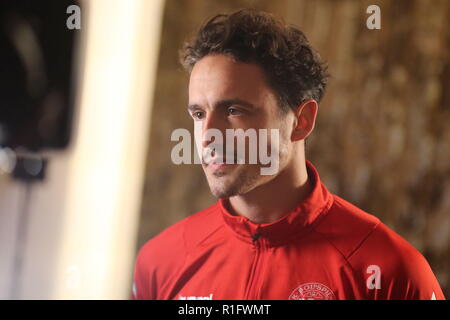 Newport, Wales, UK. 12th November, 2018. Thomas Joseph Delaney is a Danish footballer who plays as a midfielder for Borussia Dortmund and the Danish national team. Pre-match interview at the Celtic Manor Resort near Newport ahead of Nations League match Wales v Denmark at the Cardiff City Stadium. Credit: www.garethjohn.uk/Alamy Live News Stock Photo