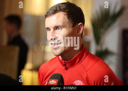 Newport, Wales, UK. 12th November, 2018. Andreas Bjelland is a Danish professional football centre back who plays for FC Copenhagen. Pre-match interview at the Celtic Manor Resort near Newport ahead of Nations League match Wales v Denmark at the Cardiff City Stadium. Credit: www.garethjohn.uk/Alamy Live News Stock Photo