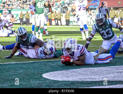 Buffalo Bills tight end Jason Croom (80) and offensive guard Wyatt Teller  (75) motion for a touchdown after Croom recovered a fumble in the end zone  against the New York Jets during