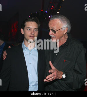 Los Angeles, California, USA. 29th Apr, 2002. Actor TOBY MAGUIRE and Spiderman Creator/Exec. producer STAN LEE at the after-party for the premiere of 'Spiderman.' Credit: Robert Millard/ZUMAPRESS.com/Alamy Live News Stock Photo