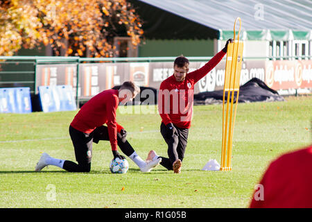 Cardiff, Wales, UK. 12th November, 2018. Wales midfielder Aaron Ramsery trains at the Vale Resort ahead of their upcoming international matches against Denmark & Albania.  Lewis Mitchell/YCPD. Credit: Lewis Mitchell/Alamy Live News Stock Photo