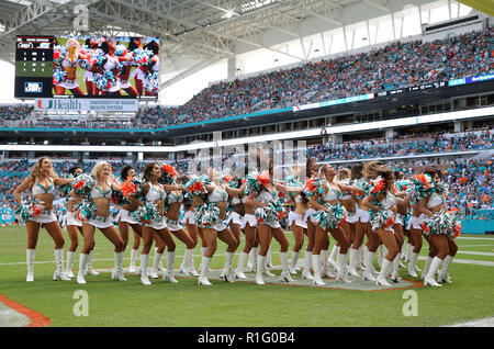 Miami Gardens, Florida, USA. 4th Nov, 2018. Miami Dolphins players storm  onto the field during the opening ceremony of an NFL football game between  the New York Jets and the Miami Dolphins