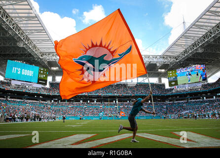 Miami Gardens, Florida, USA. 4th Nov, 2018. The Miami Dolphins flag is displayed on the field after scoring a touchdown against the New York Jets at the Hard Rock Stadium in Miami Gardens, Florida. Credit: Mario Houben/ZUMA Wire/Alamy Live News Stock Photo