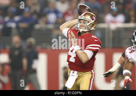 Santa Clara, CA. 12th Nov, 2018. San Francisco 49ers quarterback Nick Mullens (4) makes a pass attempt in the first half during the game between the New York Giants and the San Francisco 49ers at Levi Stadium, in Santa Clara, CA. (Photo by Peter Joneleit for Cal Sport Media) Credit: csm/Alamy Live News Stock Photo