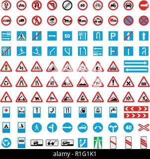 Traffic road sign collection icons set. Flat illustration of 100 Traffic road sign collection vector icons for web Stock Vector