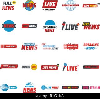 News live breaking label icons set. Flat illustration of 25 news live breaking label vector icons for web Stock Vector
