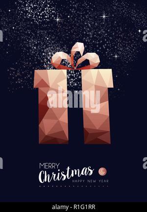 Merry christmas and happy new year fancy copper gift box in hipster triangle low poly style. Ideal for xmas greeting card or elegant holiday party inv Stock Vector