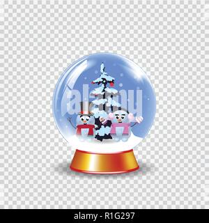 Christmas, new year crystal snow globe with couple of cute snowmen and fir tree isolated on transparent background. Vector cartoon illustration, icon, Stock Vector