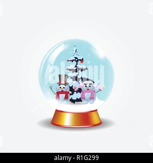 Christmas, new year crystal snow globe with couple of cute snowmen and fir tree isolated on white background. Vector cartoon illustration, icon, clip  Stock Vector