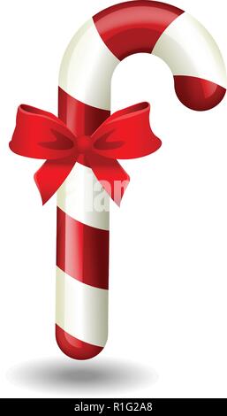 Realistic colorful christmas candy cane with red satin bow knot on white. Xmas themed vector illustration for icon, logo, sticker, patch, label, sign, Stock Vector