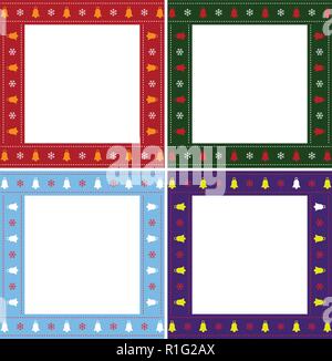 Cute Christmas or new year multiciolored border set with xmas bells and snowflakes pattern on white background. Vector illustration, square scrapbook  Stock Vector