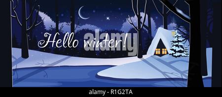 Hello winter tranquil winter night snowy landscape scene with cute little house in forest under the moon light and glowing stars. Vector illustration, Stock Vector