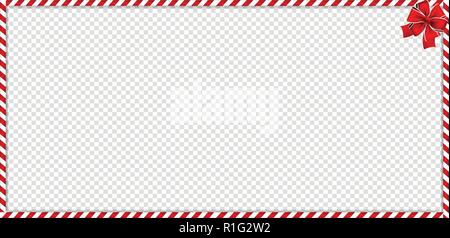 Christmas, new year rectangle candy cane frame with red and white striped lollipop pattern and festive bow isolated on transparent background. Holiday Stock Vector