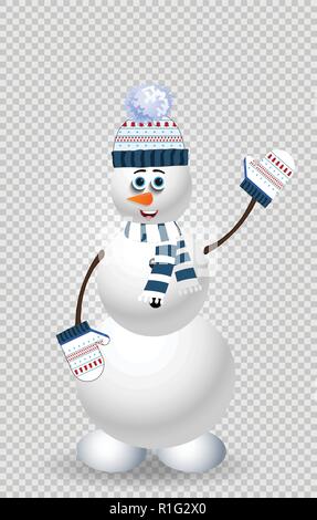 Cute cartoon snowman character in blue knitted hat, scarf and mittens with hand up isolated on transparent background. Vector illustration, icon, clip Stock Vector